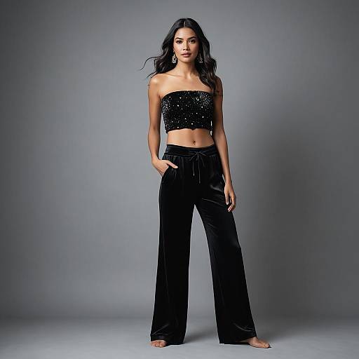 Confident Woman in Black Velvet Tube Top and Silk Pants