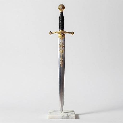 Ornate Medieval Sword on Marble Stand