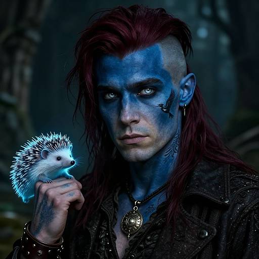 Photograph of a blue-faced, red-haired, punk-styled person holding a glowing blue hedgehog in a dark, forested background. Wearing