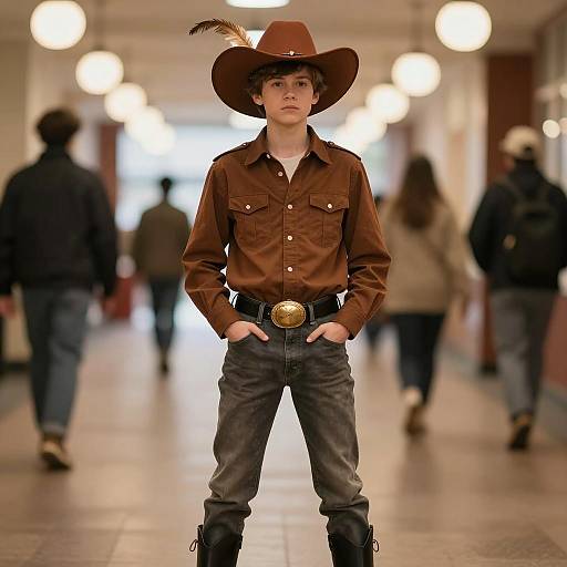 Boy in Cowboy Costume Standing in Hallway