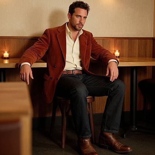Man in Rust Corduroy Blazer in Cozy Bistro