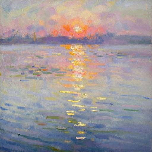Impressionist-style painting of a sunset over a calm water surface, with vibrant orange, pink, and blue reflections, textured brushstrokes.