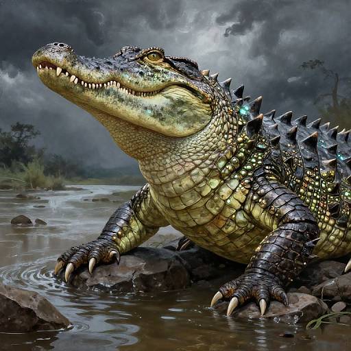Photorealistic digital art of a large, menacing crocodile with green and black scales, sharp claws, and spiked back, standing in a rocky,