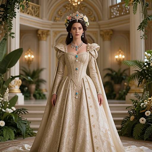 Regal woman in ornate, gold Renaissance-style gown with puffed sleeves, blue gems, and floral crown, standing in elegant, luxurious palace.