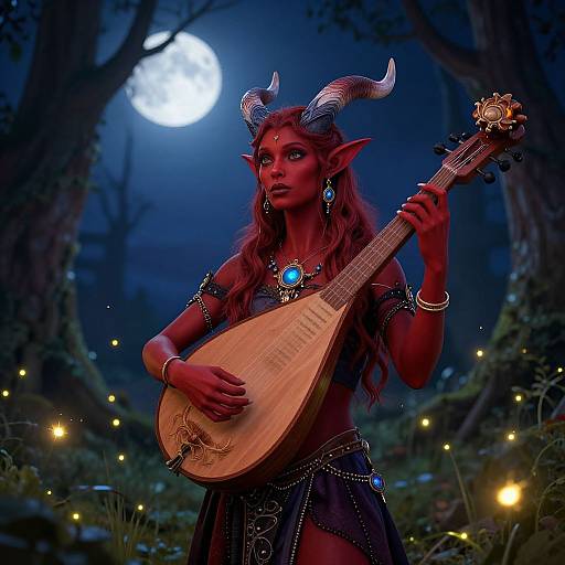 Tiefling Bard Under Moonlit Forest