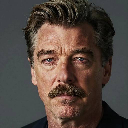 Photograph of a middle-aged man with gray hair, blue eyes, and a thick mustache, set against a dark gray background.