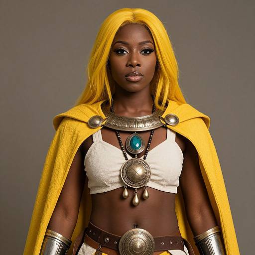 Photograph of a confident Black woman with yellow hair, wearing a white crop top, yellow cape, and intricate silver jewelry, against a gray background.