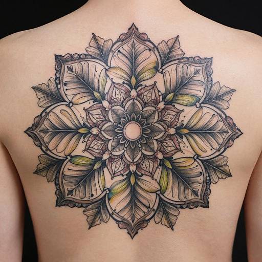 Tattoo of intricate, multicolored mandala with leaf-like petals on a bare human back, showcasing detailed black and gray line work.
