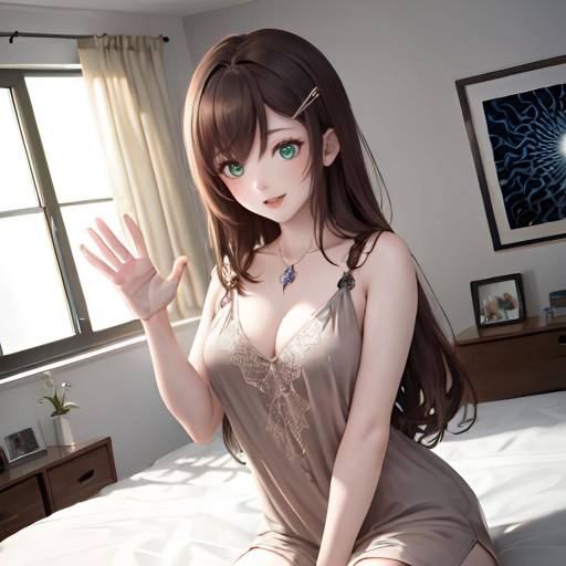 Anime-style digital artwork of a cute, busty, green-eyed girl with long brown hair, wearing a teal tied crop top and shorts, playfully waving