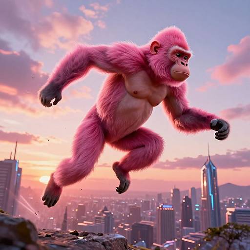 Digital CGI image of a muscular, pink-furred, anthropomorphic gorilla leaping over a cityscape at sunset, with skyscrapers and a