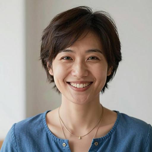 Smiling Woman in Blue Top with Necklaces