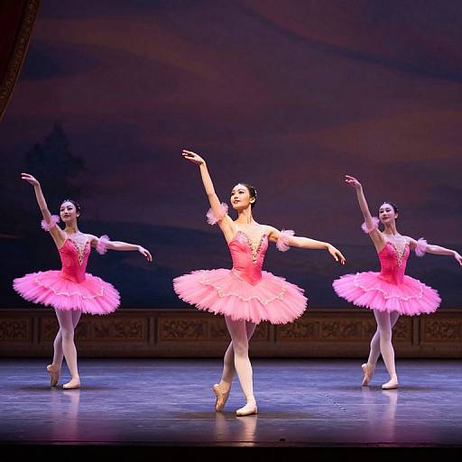 Photograph of three ballet dancers in pink tutus with red bodices, poised on stage with elegant arm and leg extensions.