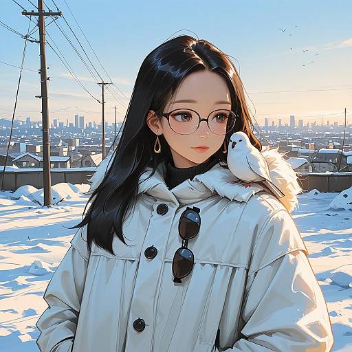 Winter Fashion: Girl with Bird Companion