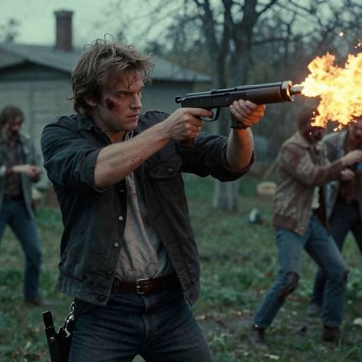 Photograph of a rugged man with messy hair, firing a handgun, creating a bright flame. Two others in dirty clothes aim guns in the background,