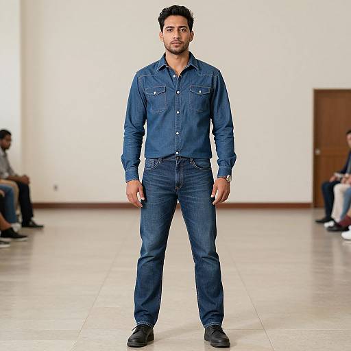 Photograph of a handsome, bearded man with medium skin tone, wearing a blue denim shirt and jeans, standing confidently in a bright, minimalist room