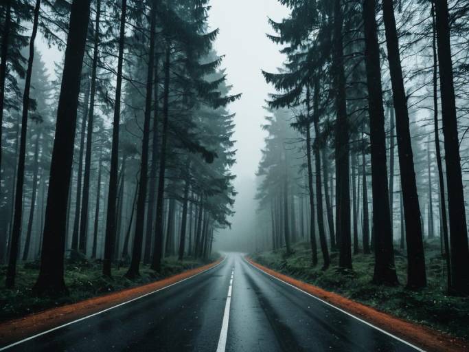Mysterious Dark Forest with Foggy Rain