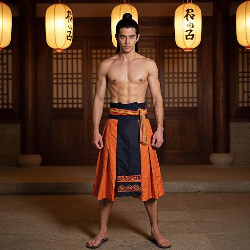 Photograph of a muscular, shirtless man with dark hair in a topknot, wearing an orange and black hakama, standing in a traditional