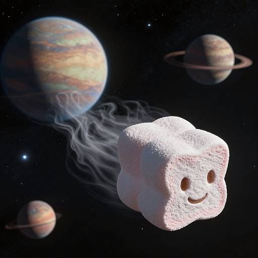 Whimsical space scene: A smiling, fluffy white marshmallow floats among colorful planets and rings, emitting misty trails against a starry black background