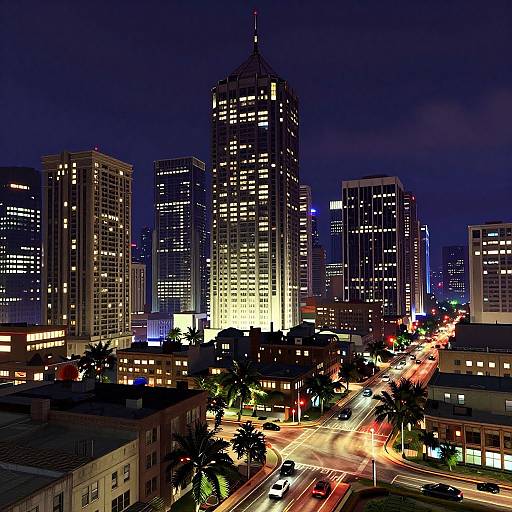 Nighttime cityscape photograph of a bustling urban skyline with brightly lit skyscrapers, glowing windows, and vibrant streetlights on a busy intersection.