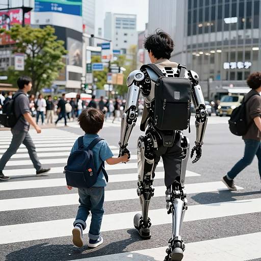 Father and Son at Shibuya Crossing with Exoskeleton