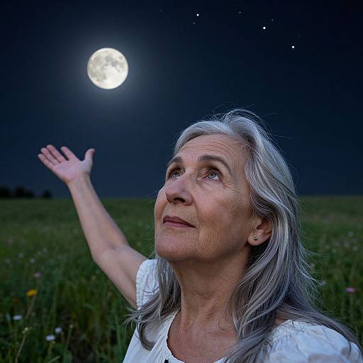 Photograph of an elderly woman with long gray hair, wearing a white blouse, gazing at a bright full moon under a starry night sky,