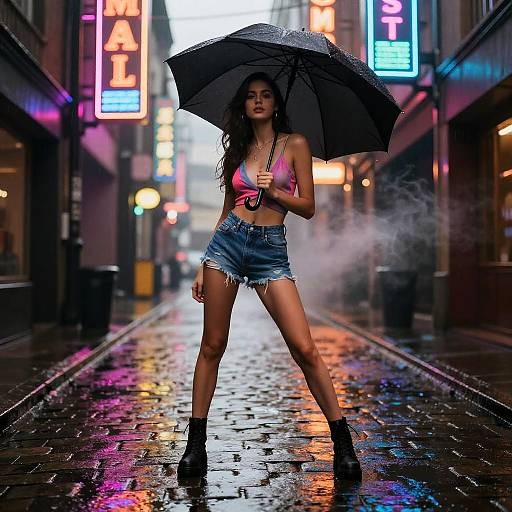 Neo-Noir Rainy Alley High-Fashion Portrait