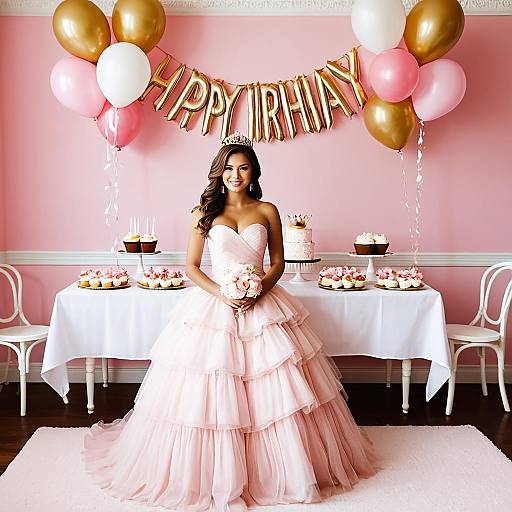Young Woman in Pink Birthday Dress with Balloons