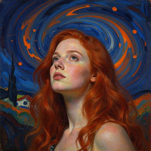 Fiery Red-Haired Woman with Abstract Vortex Background