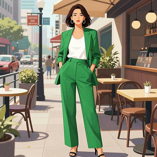 Digital art of a confident woman with short black hair, wearing a green blazer, white top, and high-waisted green pants, standing on