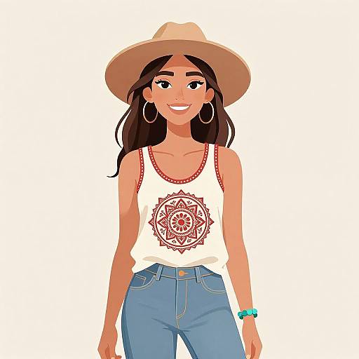 Digital illustration of a smiling young woman with tan skin, wearing a tan hat, white tank top with red mandala design, blue jeans, hoop earrings