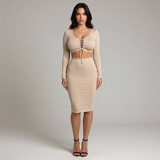 Photograph of a curvy woman with long black hair, wearing a beige lace-up crop top and matching high-waisted skirt, standing against a