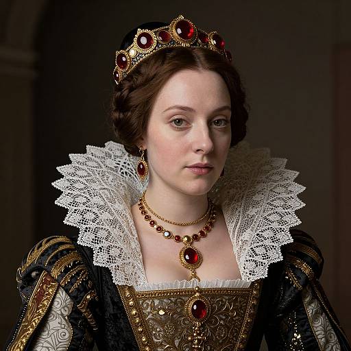 Photograph of a fair-skinned woman with brown hair, wearing a regal Renaissance-style gown, lace collar, red gemstone crown, necklace,