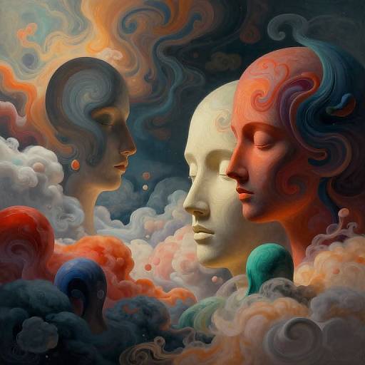 Digital surreal art featuring three ethereal, cloud-like faces in red, white, and blue, surrounded by swirling, colorful clouds with fiery and dreamy