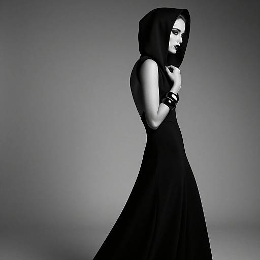 Monochromatic photograph of a woman in a flowing black dress and hood, standing in profile against a gradient gray background.