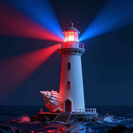 Photograph of a white lighthouse with vibrant red and blue beams, illuminated shell at base, standing on rocky waters at night.