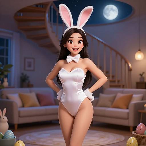 Digital 3D anime-style girl in white bunny suit with pink bunny ears, bow tie, and gloves, stands in cozy moonlit living room with