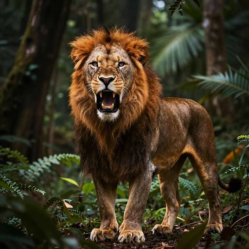 Roaring Red-Maned Lion in Jungle