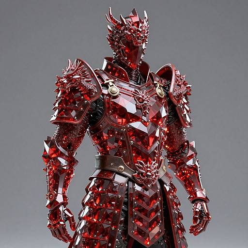 Photorealistic CGI of a muscular, red, crystal-encrusted samurai warrior with intricate armor, gold accents, and a fierce expression against