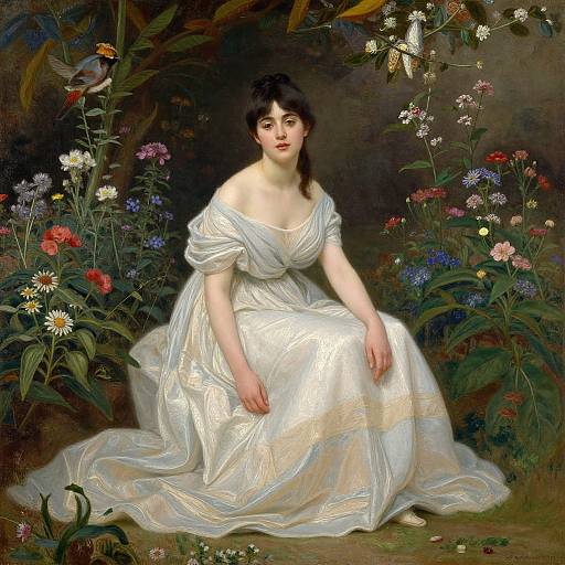 Vividly detailed oil painting of a fair-skinned woman with dark hair in a white, off-shoulder gown, seated amid a lush garden