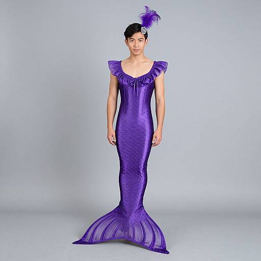 Photograph of a woman in a shimmering, purple mermaid-style dress with ruffled shoulders and feathered headpiece, standing against a light blue