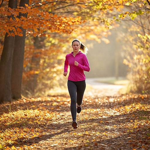 Photograph of a smiling woman in a pink jacket and black pants running on a sunlit, autumnal forest path, surrounded by vibrant orange and yellow