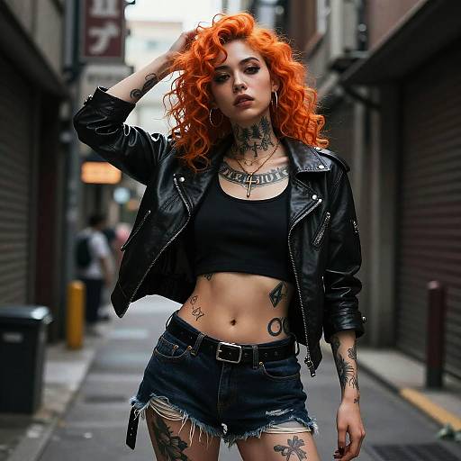 Photograph of a confident, red-haired woman with tattoos, wearing a black leather jacket, crop top, and frayed denim shorts, standing in a