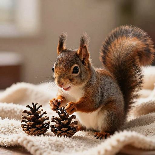 Photograph of an adorable, fluffy gray squirrel with a bushy tail, small ears, and bright eyes, nibbling on pine cones on a sun