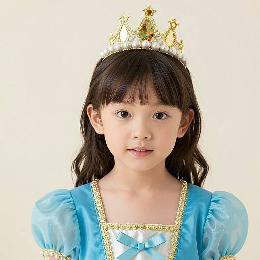 Photograph of an Asian young girl with straight black hair, wearing a blue satin princess dress and a gold and pearl tiara.