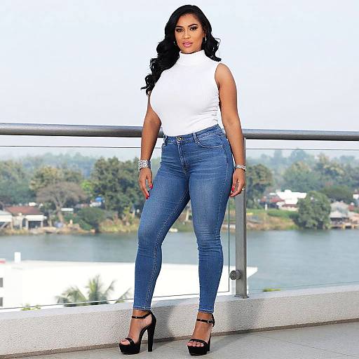 Photograph of a curvy, dark-haired woman in a white sleeveless top and blue skinny jeans, standing on a balcony with a lake view,