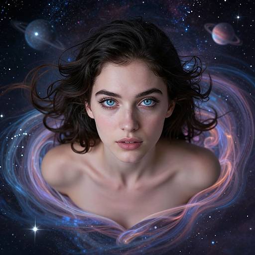 Digital artwork of a fair-skinned woman with striking blue eyes, black wavy hair, and bare shoulders, surrounded by cosmic swirls and planets in