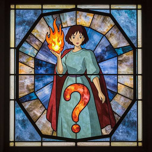 Stained glass window depicting a short-haired woman in a teal dress holding a fiery question mark, surrounded by radiant blue and gold hues.