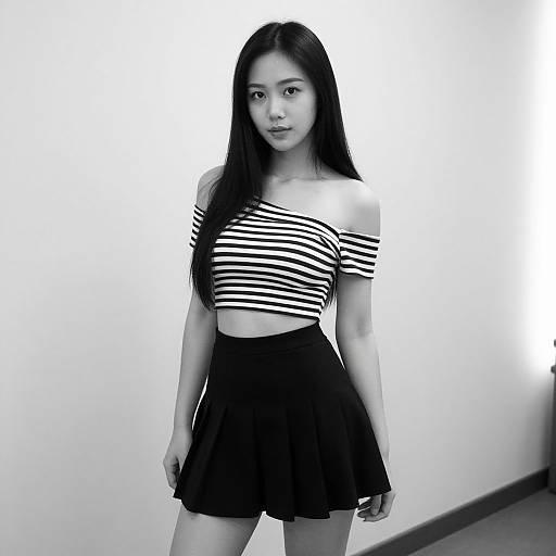 Black-and-white photograph of an Asian woman with long black hair, wearing a striped off-shoulder crop top and black pleated skirt, standing against