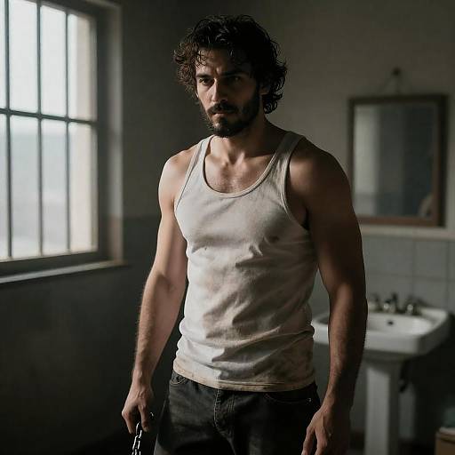 Muscular Man in Grimy Sunlit Cell