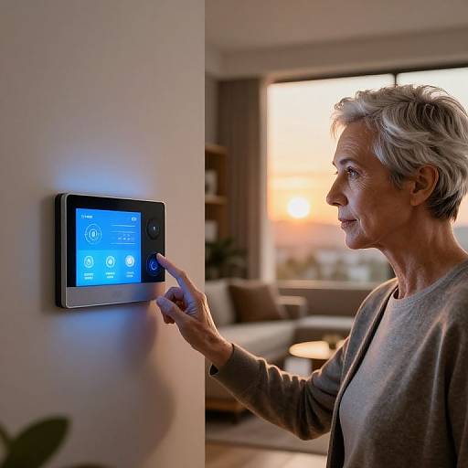 Photograph of an elderly woman with short gray hair, wearing a gray sweater, interacting with a smart home device on a wall. Sunlit living room